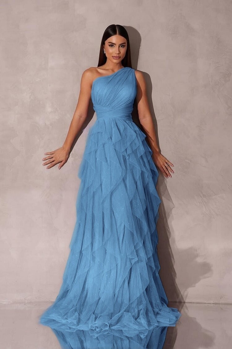 Chic One Shoulder Sleeveless Long Prom Dress With Tulle Ruffle
