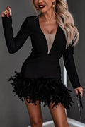 Robe de soirée asymétrique mini à manches longues plume Faites votre entrée