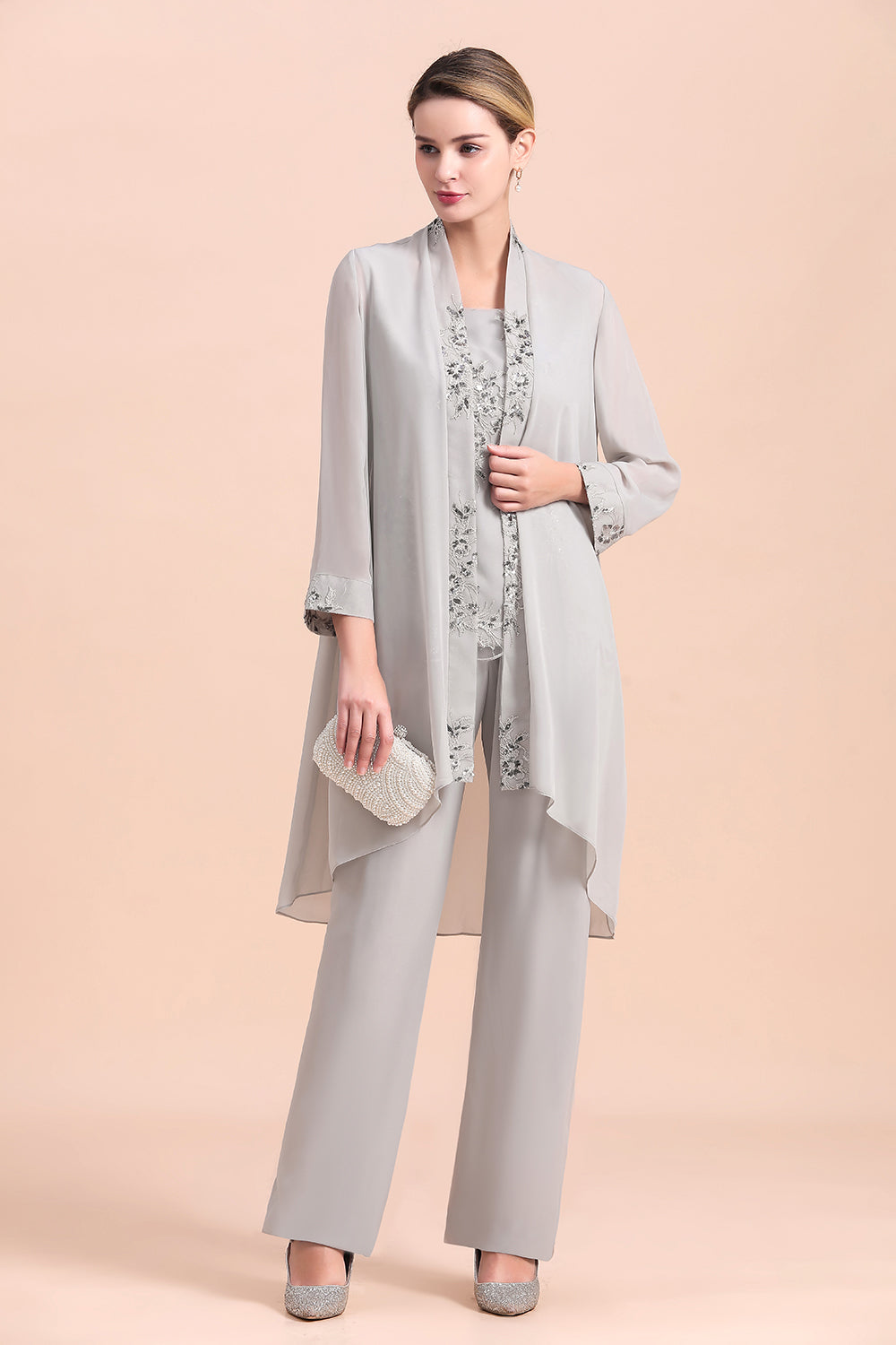 BMbridal Elegant Sleeveless Appliques Silver Chiffon Mother of Bride Jumpsuit with Wrap