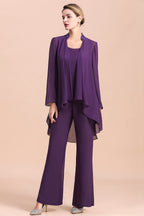 BMbridal Affordable Straps Beading Grape Chiffon Mother of Bride Jumpsuit Online with Wrap