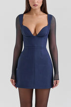 Robe courte trapèze à manches longues avec empiècements en résille et encolure en V profond - Bleu - Précommande
