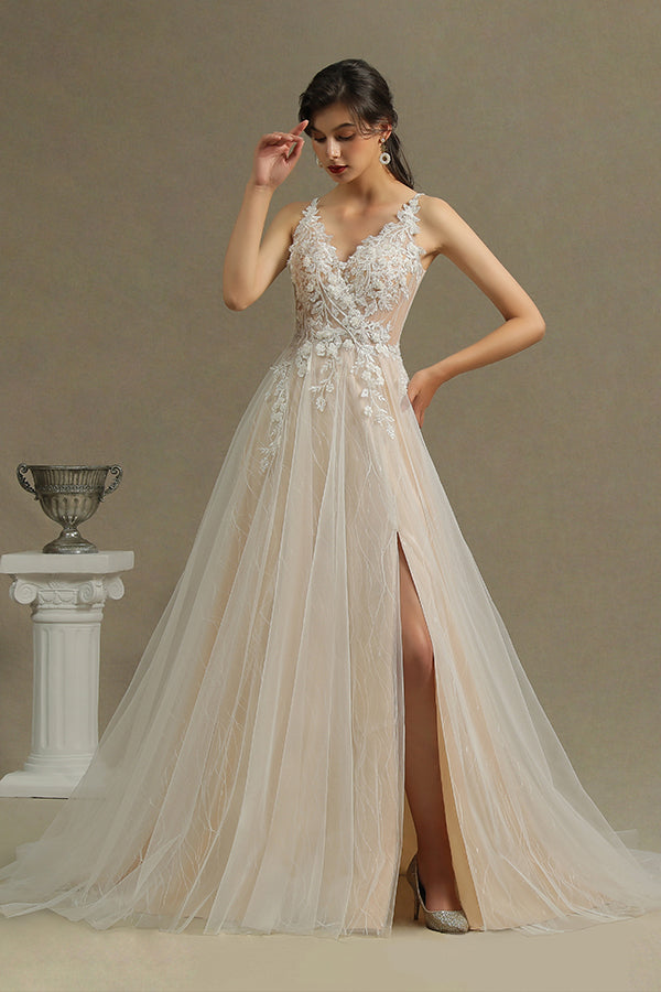 Chic Straps Floral Appliques A Line Side Wedding Dress With Split Backless