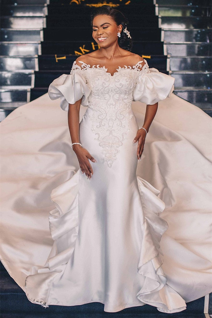 Sweetheart Bubble Mermaid Sleeves Applique Wedding Dress Cathedral Train