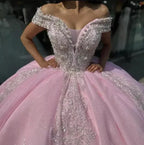 Vestido de Quinze Anos Cor-de-Rosa com Aplicações e Contas, Modelo de Baile com Ombros Descobertos, Princesa Doce 16, Vestido de Quinze Anos Y7464