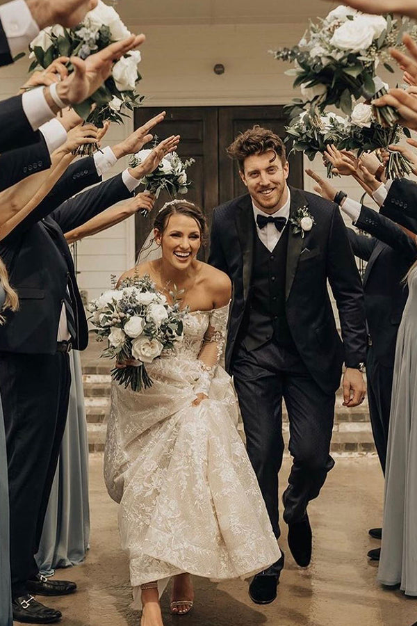 Chic A Line Off The Shoulder Long Sleeve Wedding Dress With Bow Lace