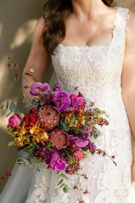 Beautiful A-Line Lace Square Sleeveless Ivory Long Wedding Dress With Appliques