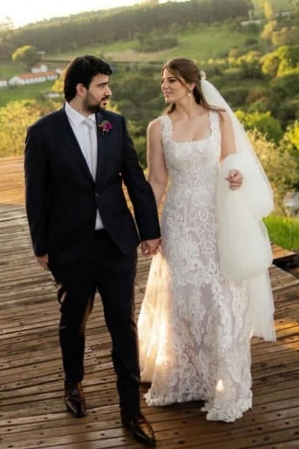 Beautiful A-Line Lace Square Sleeveless Ivory Long Wedding Dress With Appliques