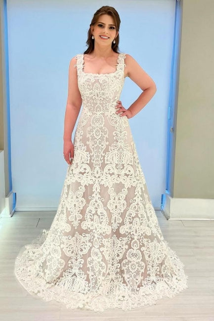 Beautiful A-Line Lace Square Sleeveless Ivory Long Wedding Dress With Appliques
