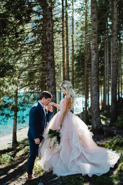 Beautiful A-line V-neck Backless Tulle Sleeveless Wedding Dresses