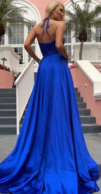 Beautiful A-line V-neck Stretch Satin Backless Long Prom Dress with Slit