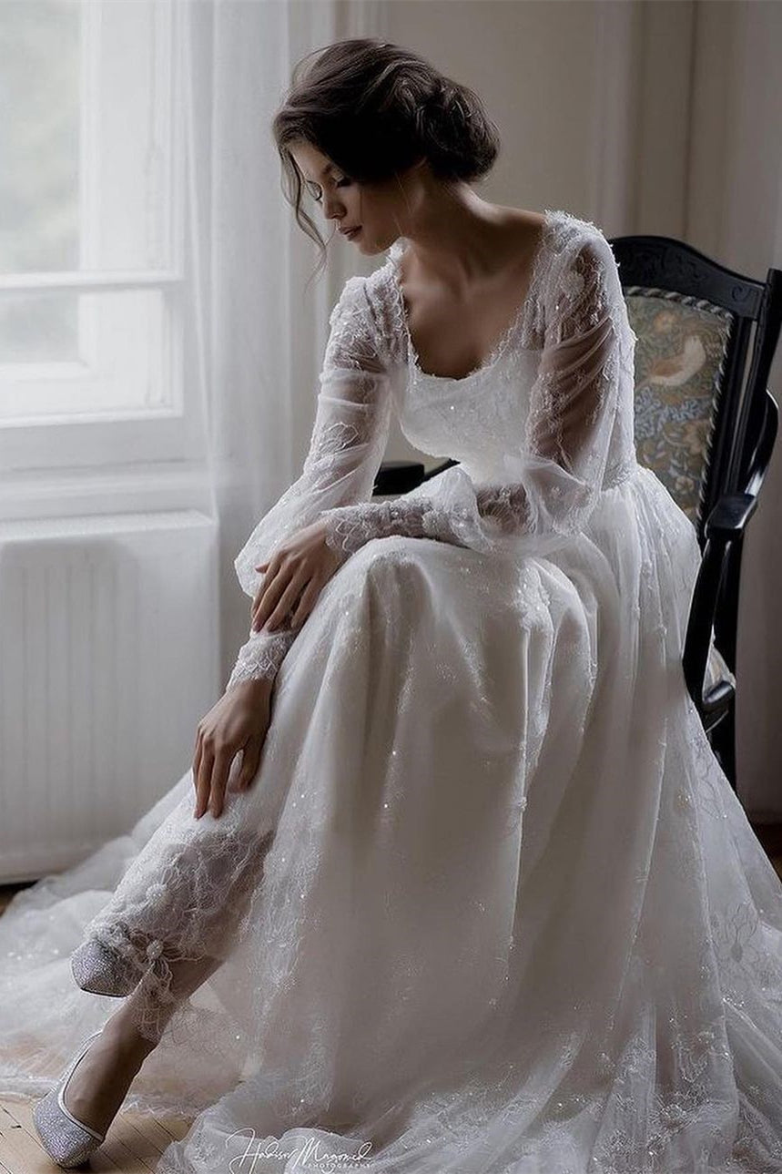 Beautiful A-line White Long Sleeves Lace Appliques Wedding Dress