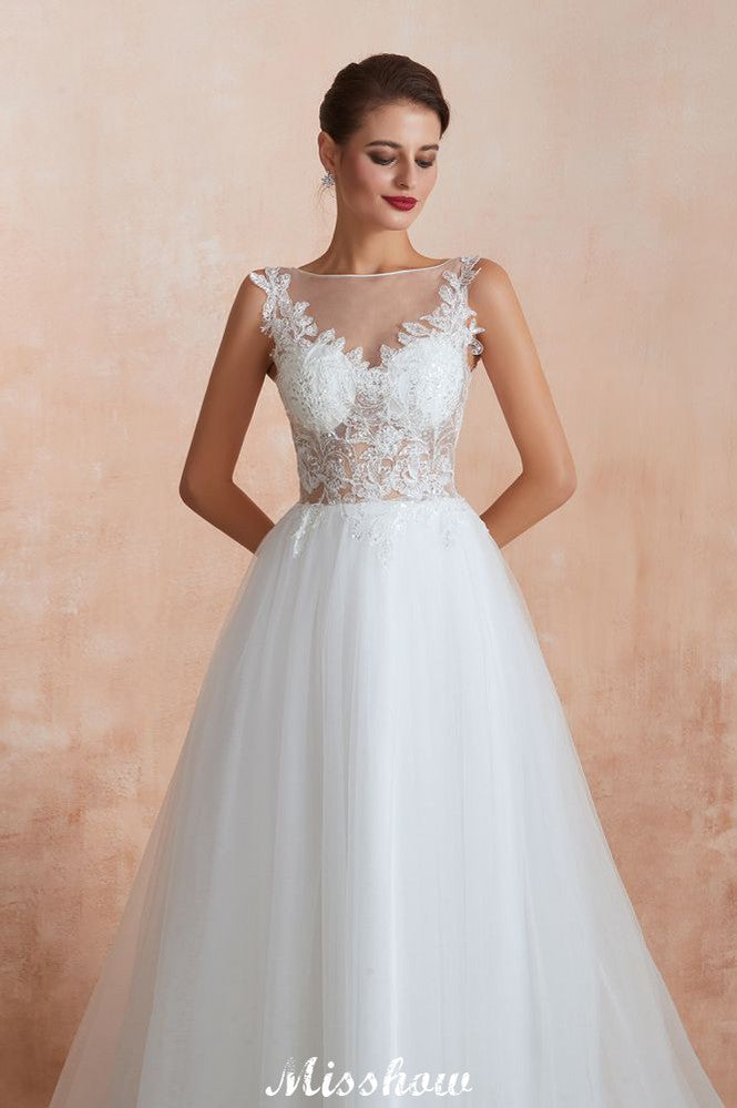 Beautiful Bateau Neck White Wedding Dress Sparkly Sequins Lace Bridal Gown