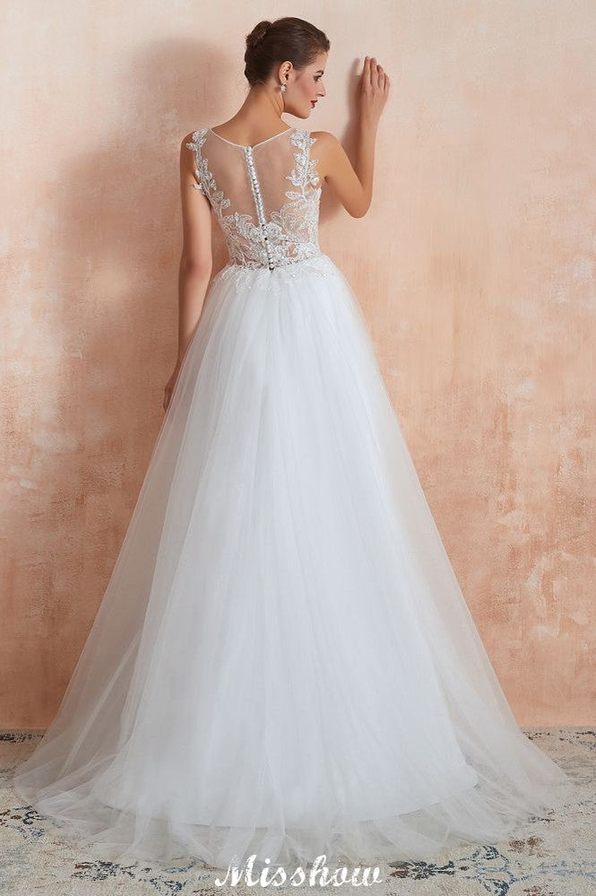 Beautiful Bateau Neck White Wedding Dress Sparkly Sequins Lace Bridal Gown