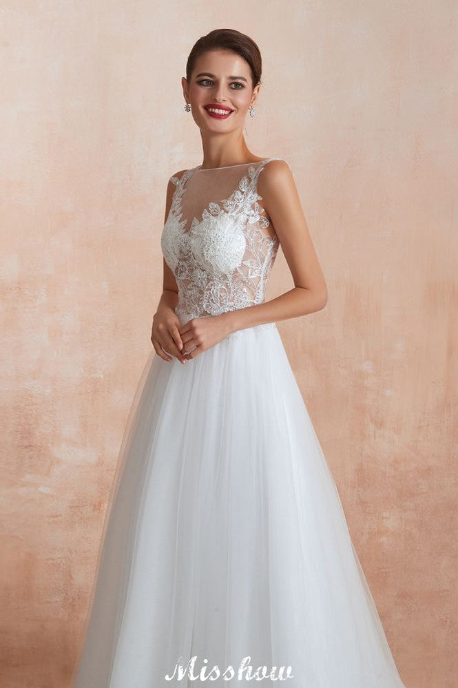 Beautiful Bateau Neck White Wedding Dress Sparkly Sequins Lace Bridal Gown