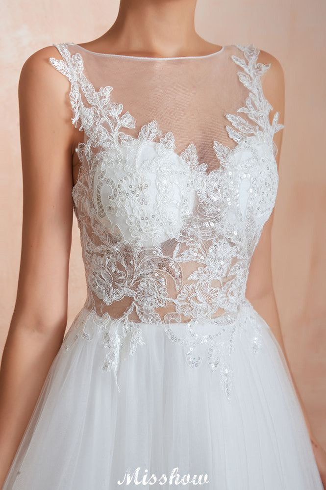 Beautiful Bateau Neck White Wedding Dress Sparkly Sequins Lace Bridal Gown