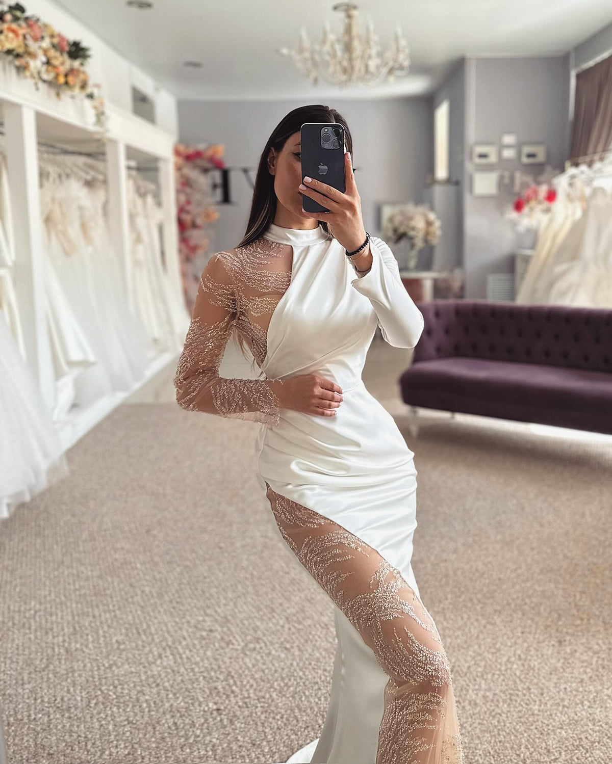 Beautiful Column Satin Lace Halter Long Sleeve Wedding Dress With Appliques