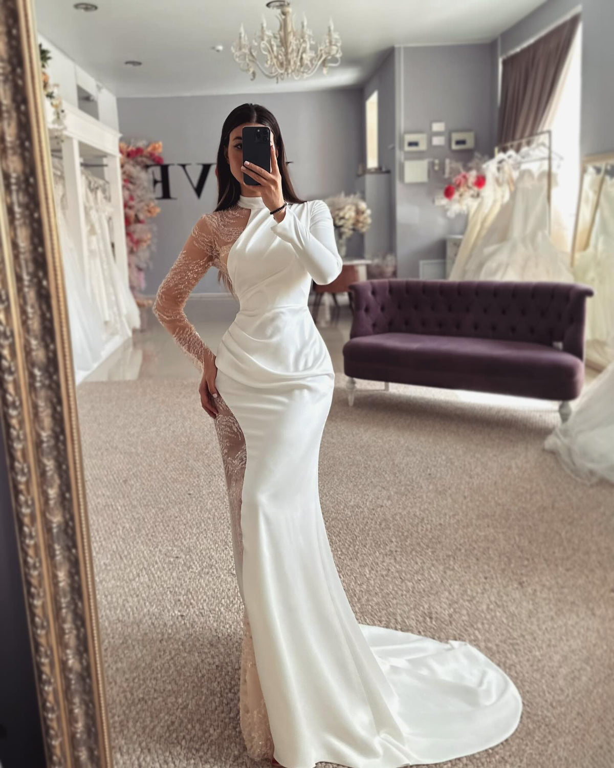 Beautiful Column Satin Lace Halter Long Sleeve Wedding Dress With Appliques