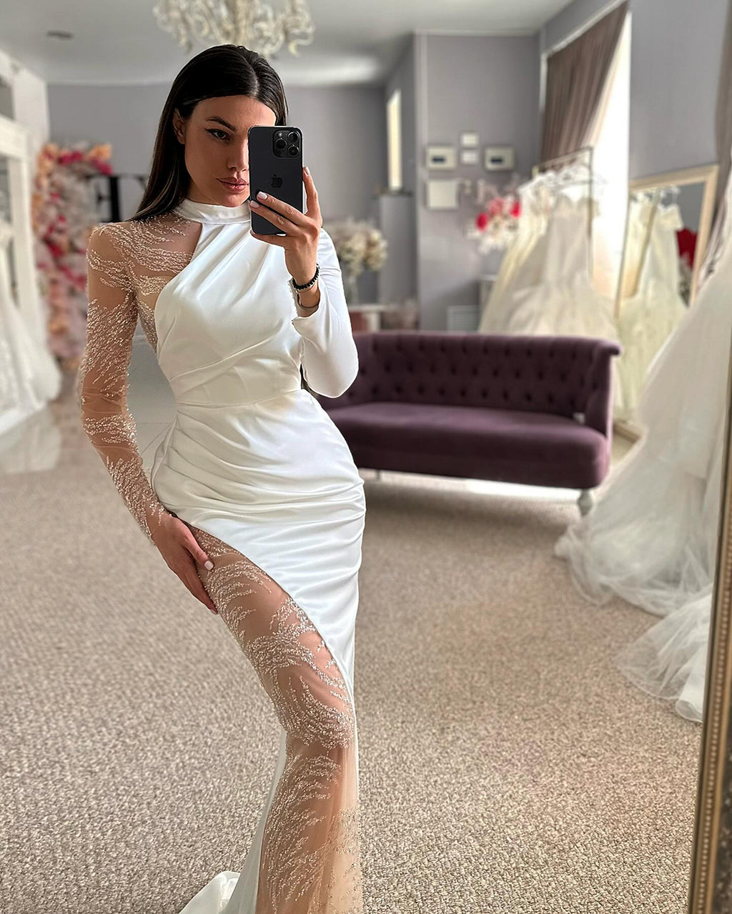 Beautiful Column Satin Lace Halter Long Sleeve Wedding Dress With Appliques