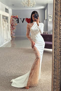 Beautiful Column Satin Lace Halter Long Sleeve Wedding Dress With Appliques