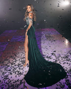 Beautiful Dark Green Mermaid High Neck Prom Dress With Slit