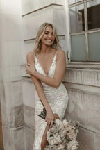 Beautiful Floral Lace Mermaid Sleeveless V-Neck Side Slit Wedding Dress