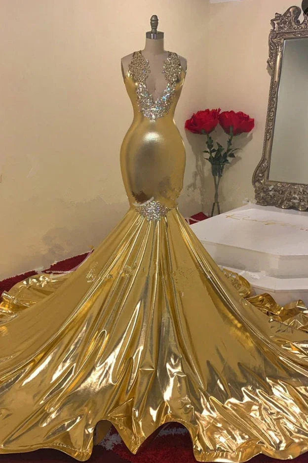 Beautiful Gold Beading V-neck Sleeveless Floor-length Mermaid Prom Dresses