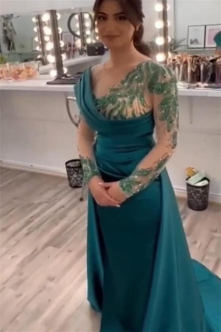 Beautiful Green Long Beading Long Sleeves Prom Dress With Slit