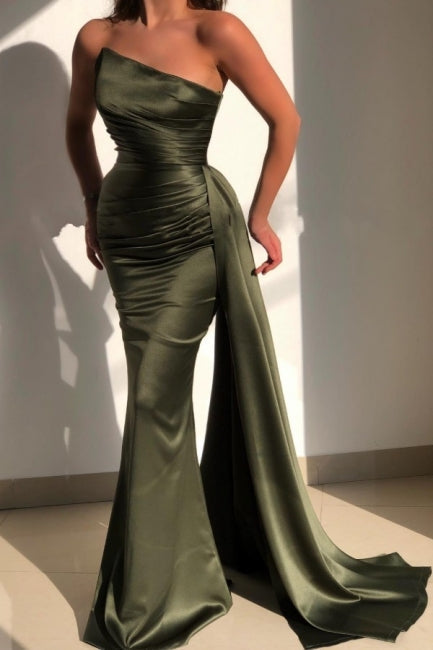 Beautiful Green Strapless Sleeveless Mermaid Floor-Length Prom Dresses with Ruffles