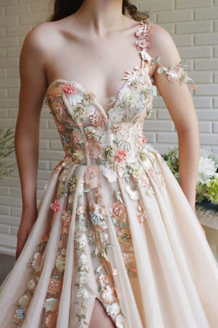 Beautiful Long A-line One Shoulder Flowers Evening Dresses With Slit