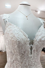 Beautiful Long A-line Tulle Lace V Neck Open Back Wedding Dresses