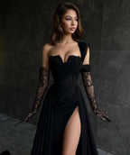 Beautiful Long Black A-line One Shoulder Sleeveless Lace Prom Dress With Sit