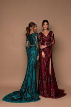 Beautiful Long Black V-neck Mermaid Glitter Evening Dresses with Long Sleeves