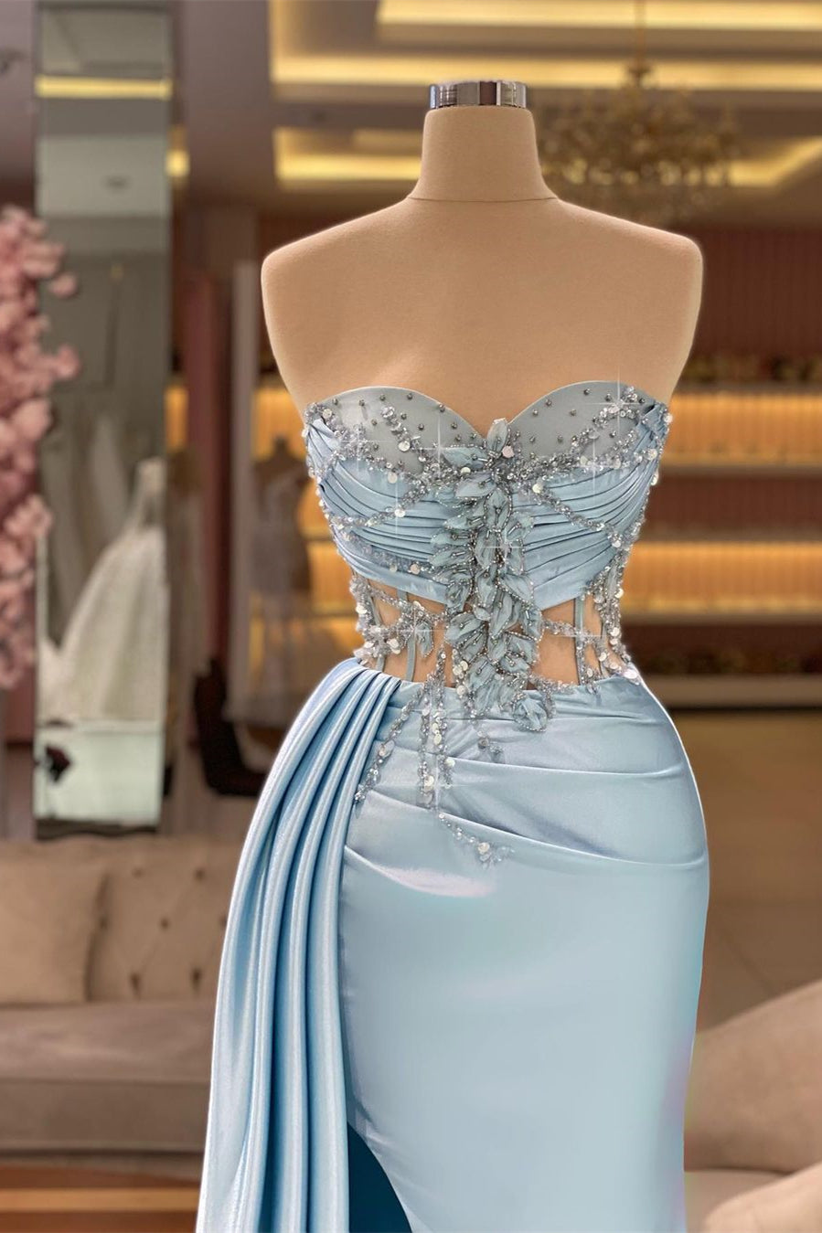 Beautiful Long Blue Mermaid Sleeveless Beading Prom Dress With Slit