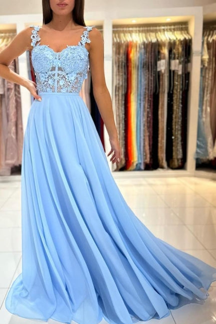 Beautiful Long Blue Simple Straps Appliques Sleeveless Evening Dresses With Slit