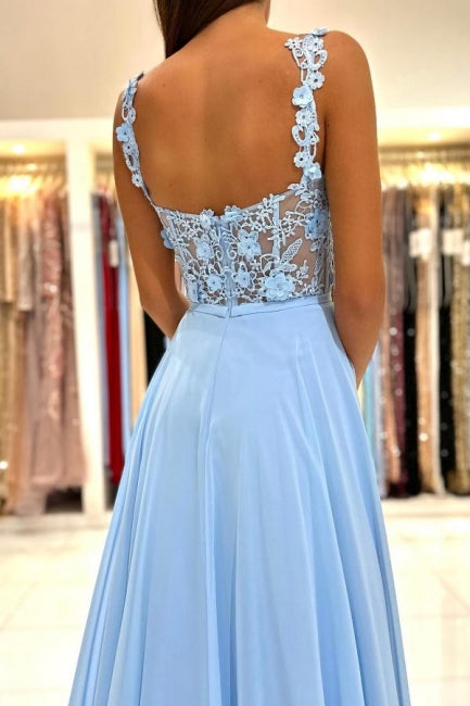 Beautiful Long Blue Simple Straps Appliques Sleeveless Evening Dresses With Slit