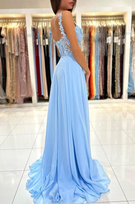 Beautiful Long Blue Simple Straps Appliques Sleeveless Evening Dresses With Slit