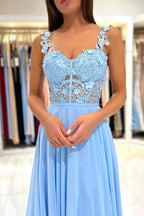 Beautiful Long Blue Simple Straps Appliques Sleeveless Evening Dresses With Slit