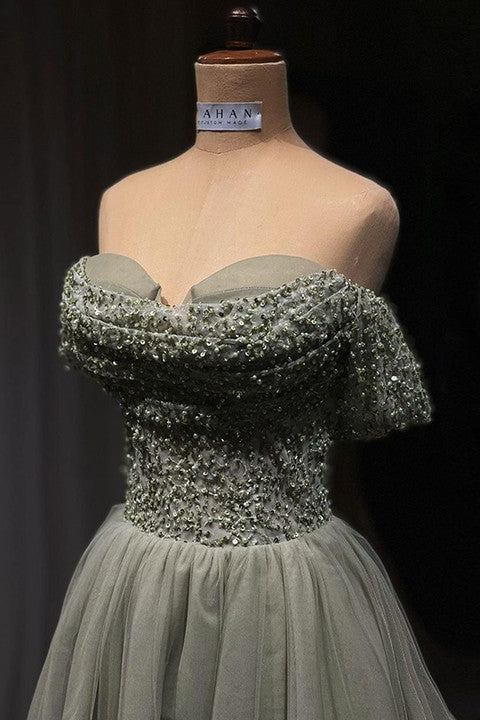Beautiful Long Green A-line Off-the-shoulder Sequined Beading Prom Dress