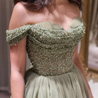 Beautiful Long Green A-line Off-the-shoulder Sequined Beading Prom Dress