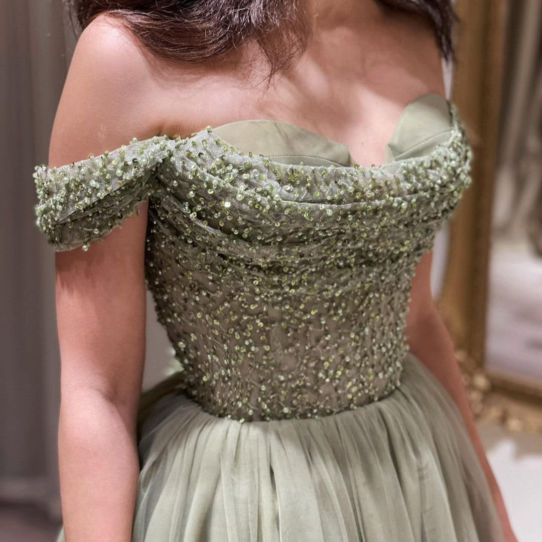Beautiful Long Green A-line Off-the-shoulder Sequined Beading Prom Dress
