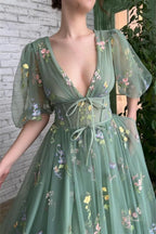 Beautiful Long Green V-neck A-line Appliques Prom Dress
