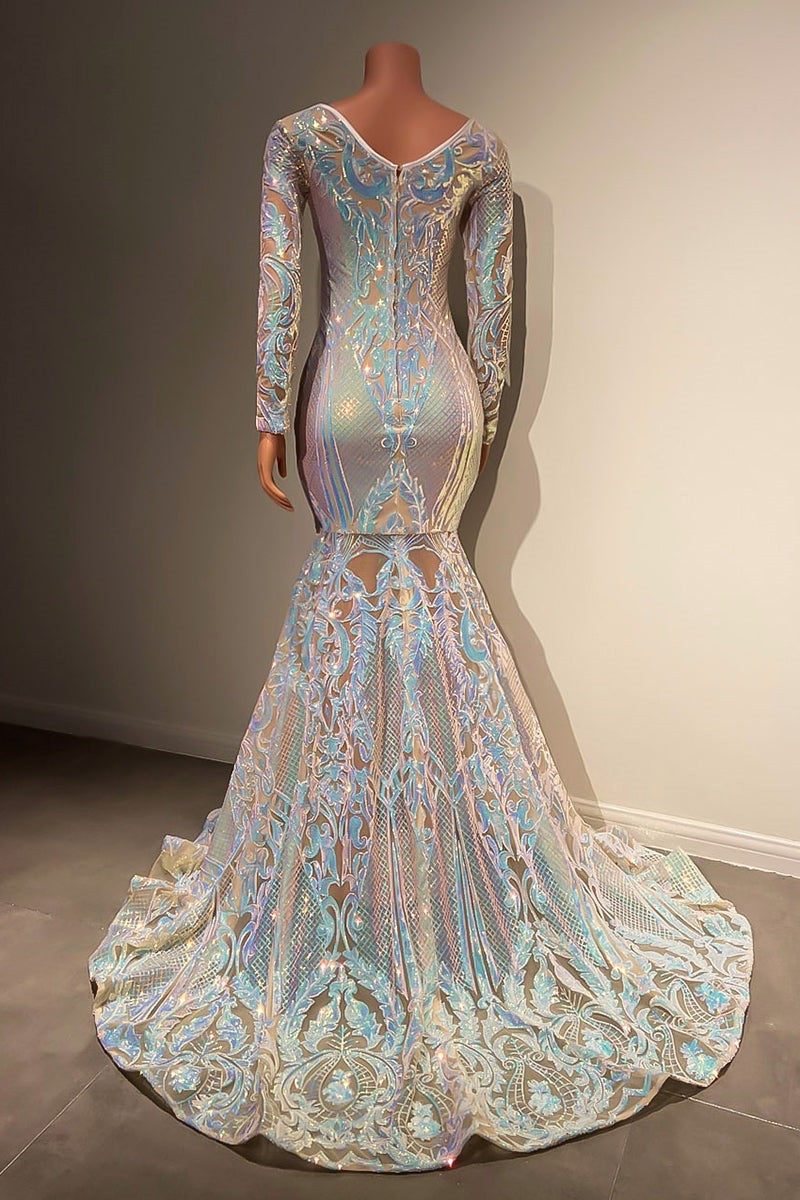 Beautiful Long Mermaid Lace Long Sleeves Evening Dress With Train