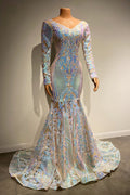 Beautiful Long Mermaid Lace Long Sleeves Evening Dress With Train