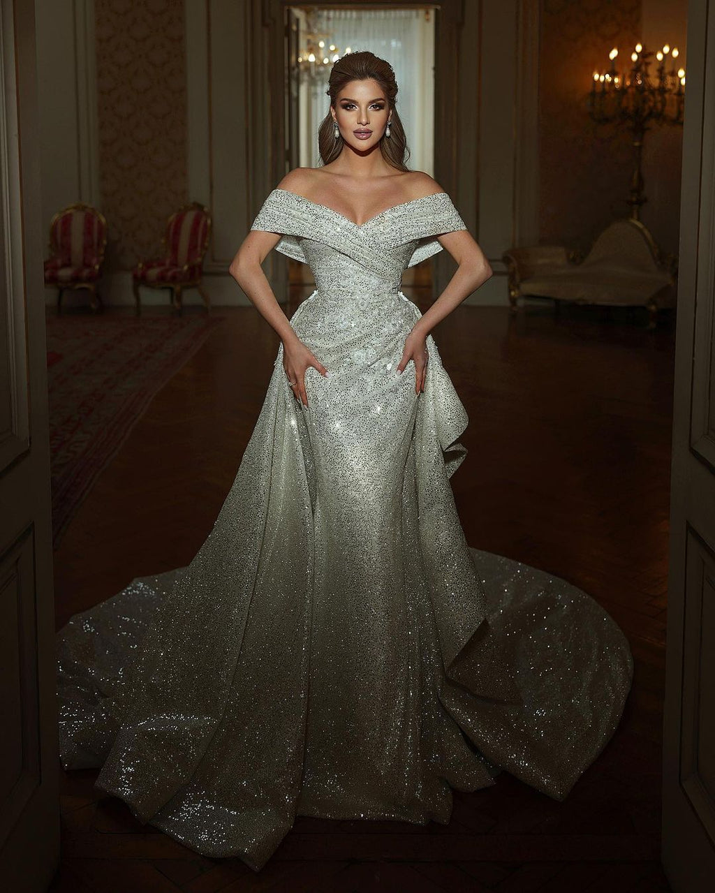 Beautiful Long Mermaid Off-the-shoulder Sequined Sleeveless Weddding Dress