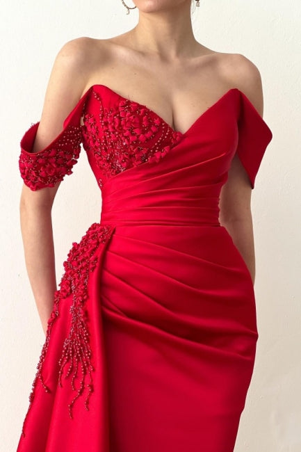 Beautiful Long Red Mermaid Off-the-shoulder Lace Prom Dress