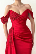 Beautiful Long Red Mermaid Off-the-shoulder Lace Prom Dress