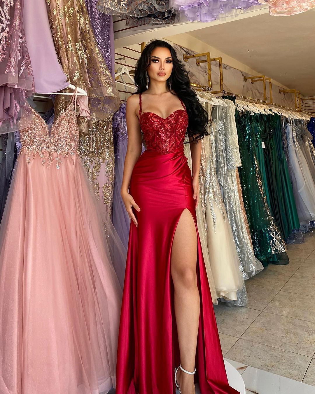 Beautiful Long Red Spaghetti Straps Sequined Lace Sleeveless Prom Dress With Slit
