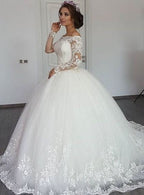 Beautiful Long Sleeve Off the Shoulder Appliques Lace Princess Wedding Dress
