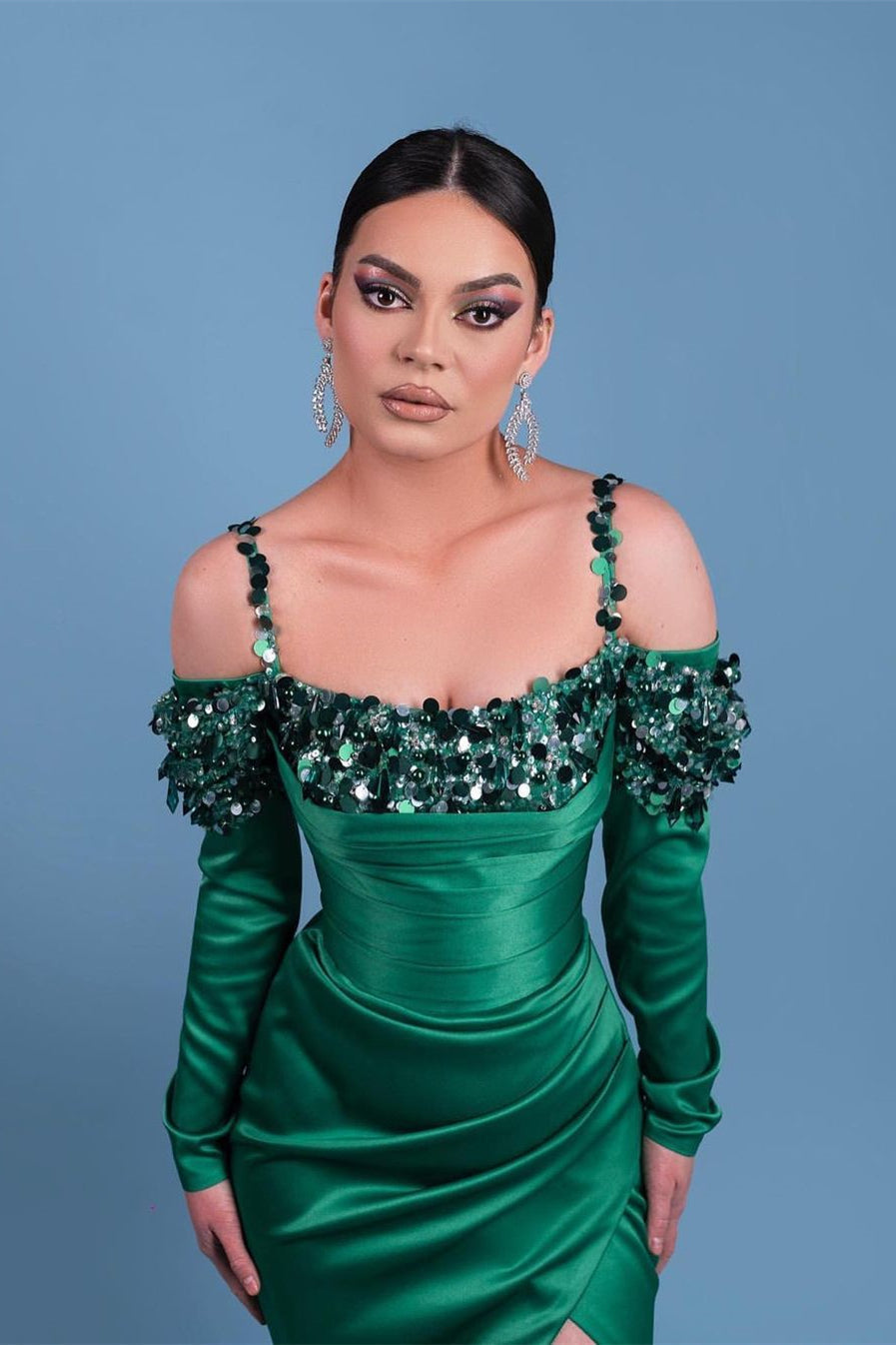 Beautiful Long Spaghetti Green Satin Mermaid Prom Dresses With Long Sleeve