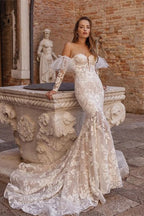 Beautiful Long Strapless Tulle Mermaid Wedding Dresses With Embroidery